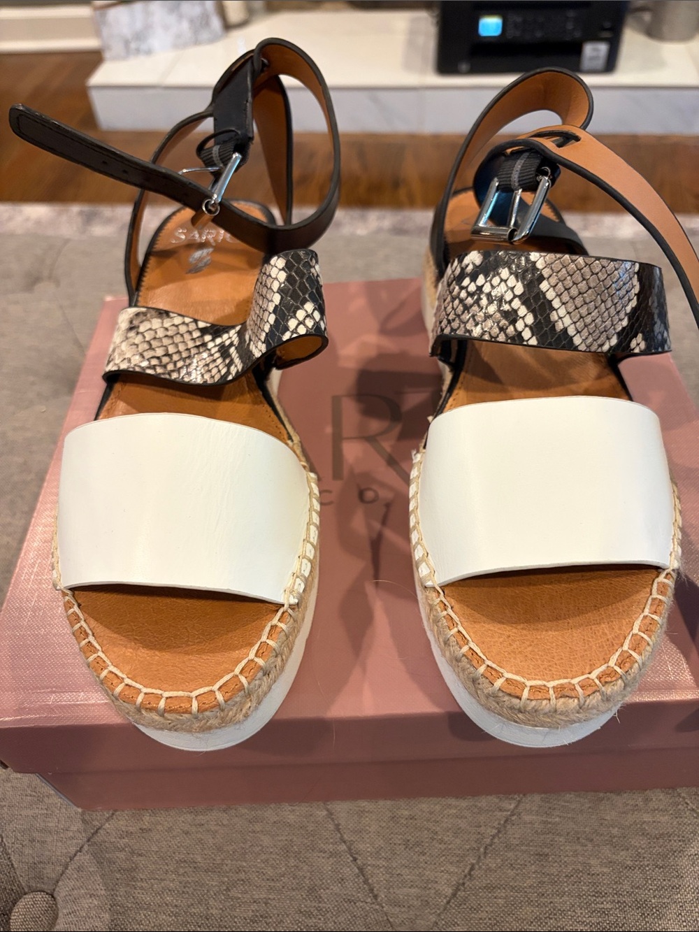 SARTO By Franco Sarto White Leather & Snake-Print Espadrille Wedges - Sandals